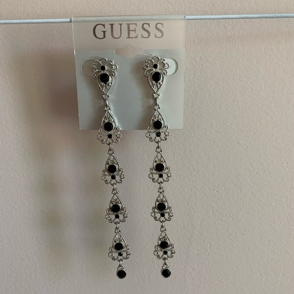 Guess silver dangle earrings with black beads NWOT